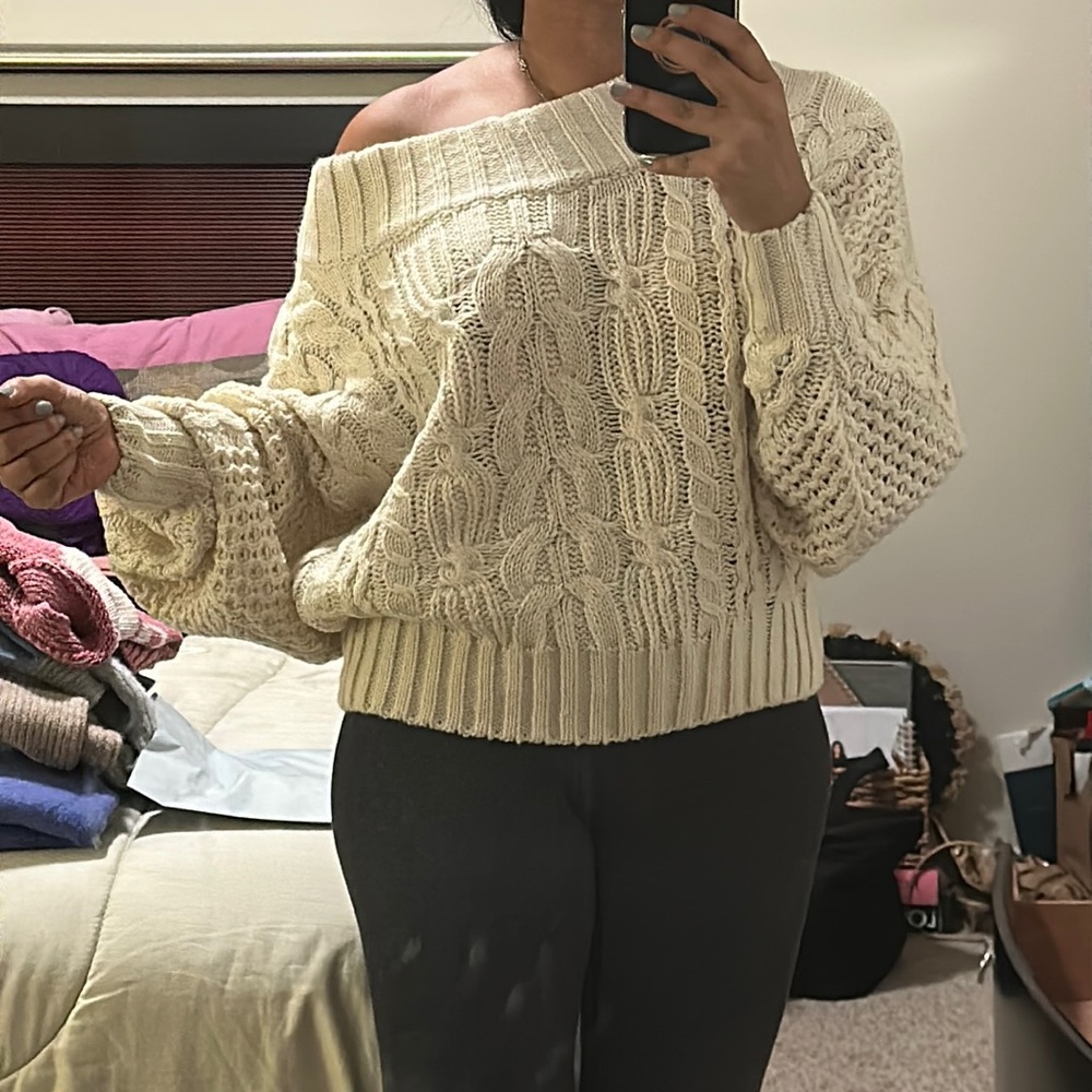 Anthropologie cream off-the shoulder sweater